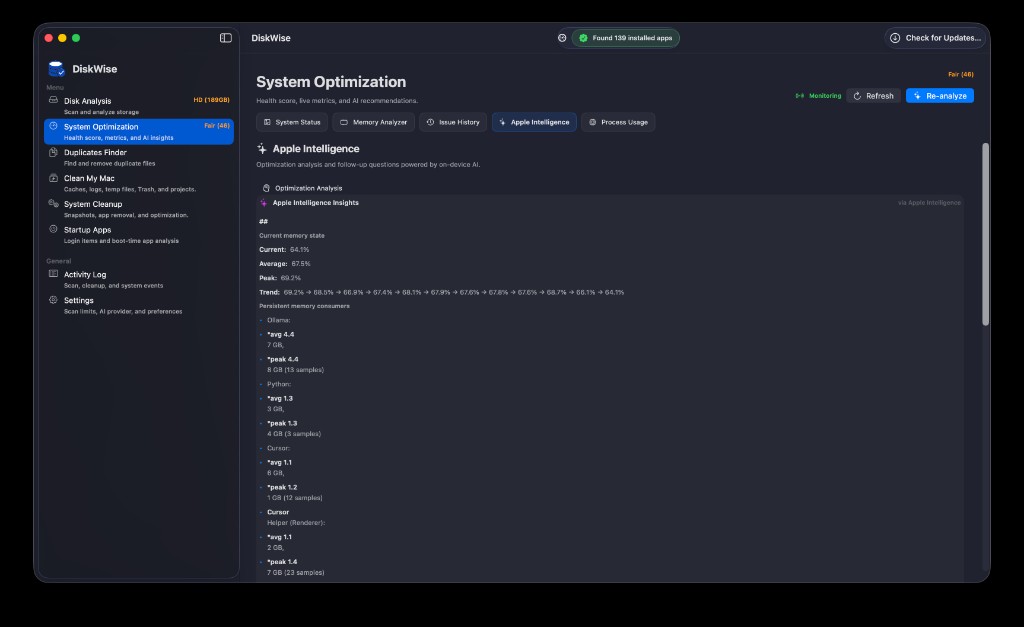 DiskWise Apple Intelligence insights summarizing memory state and top consumers
