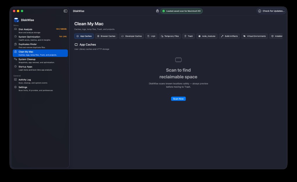 DiskWise Clean My Mac screen with cache categories and Scan Now button