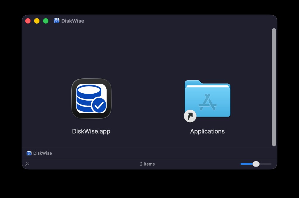 DiskWise DMG installer window showing drag to Applications