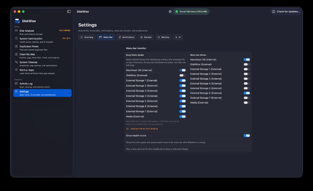 DiskWise Menu Bar settings for drive monitoring and keeping disks awake