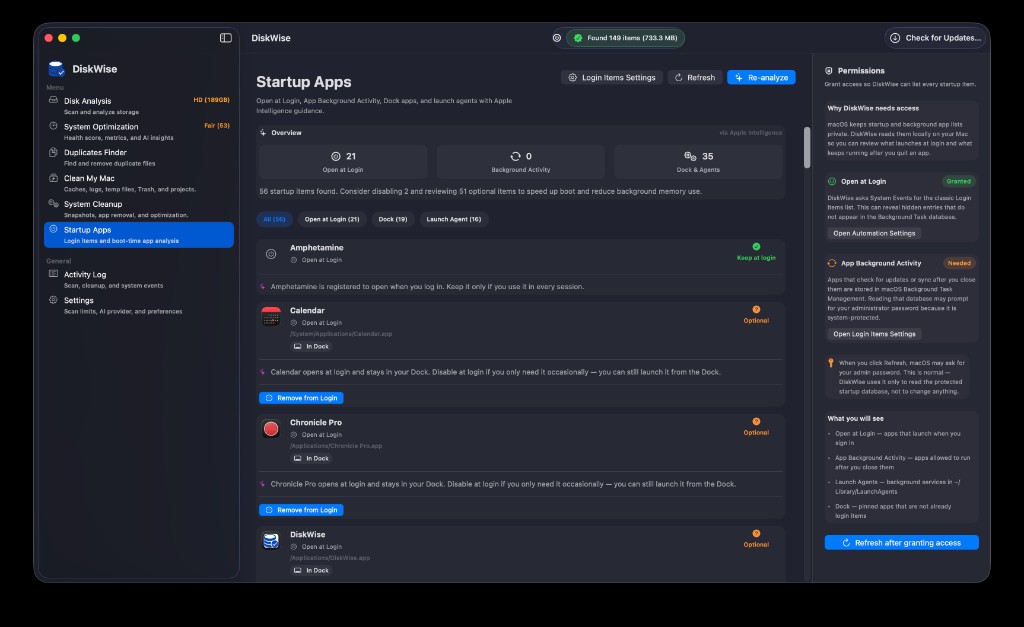 DiskWise Startup Apps list with login items and AI guidance to disable optional apps