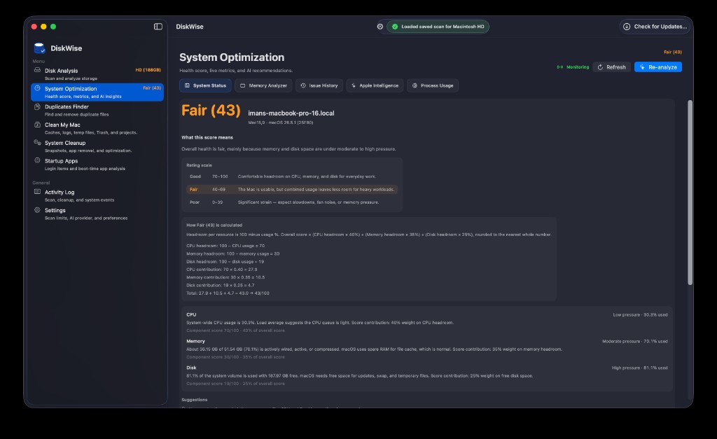 DiskWise System Optimization dashboard with health score and CPU, memory, and disk pressure